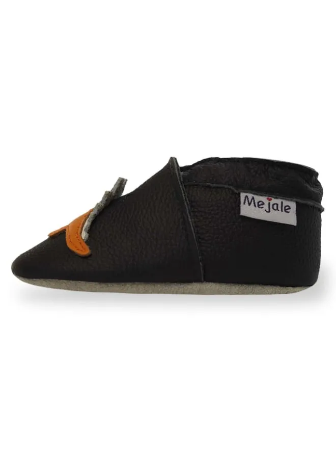 Mejale Krabbelschuhe^Schwarze Babyleder-Kleinkindschuhe, rutschfeste Sohle - Triceratops-Muster