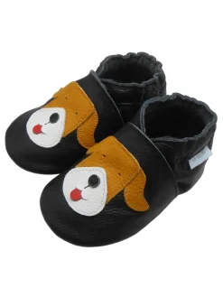 Schwarze Baby-Leder-Laufschuhe, komfortabel mit rutschfester Sohle - Mops-Motiv>Basrakids Hot