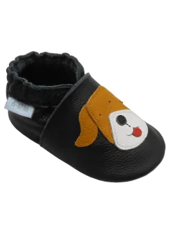 Schwarze Baby-Leder-Laufschuhe, komfortabel mit rutschfester Sohle - Mops-Motiv><noscript><img width=