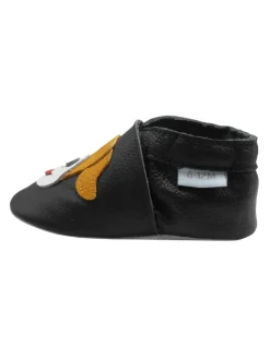 Schwarze Baby-Leder-Laufschuhe, komfortabel mit rutschfester Sohle - Mops-Motiv><noscript><img width=