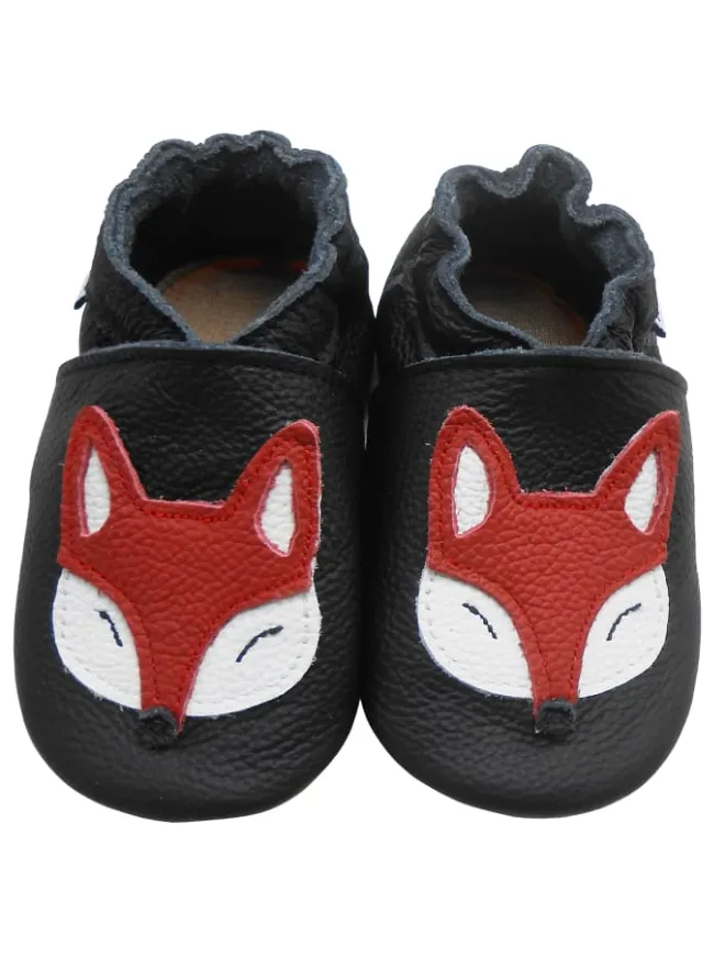 Mejale Krabbelschuhe^Schwarze Baby-Leder-Laufschuhe, komfortabel mit rutschfester Sohle - Fuchsmotiv