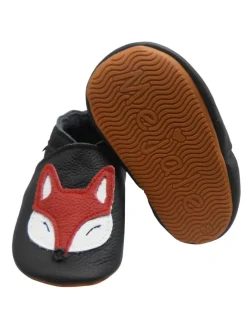 Mejale Krabbelschuhe^Schwarze Baby-Leder-Laufschuhe, komfortabel mit rutschfester Sohle - Fuchsmotiv