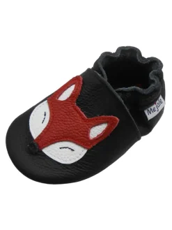 Mejale Krabbelschuhe^Schwarze Baby-Leder-Laufschuhe, komfortabel mit rutschfester Sohle - Fuchsmotiv