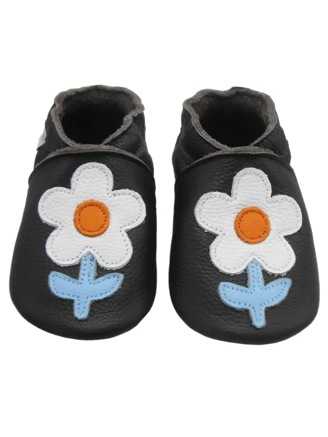 Schwarze Baby-Leder-Laufschuhe, komfortabel mit rutschfester Sohle - Blumenmotiv>Bemesu Outlet