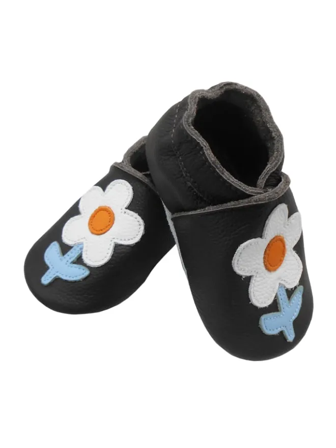 Schwarze Baby-Leder-Laufschuhe, komfortabel mit rutschfester Sohle - Blumenmotiv>Bemesu Outlet