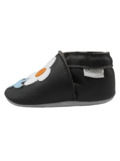 Schwarze Baby-Leder-Laufschuhe, komfortabel mit rutschfester Sohle - Blumenmotiv><noscript><img width=