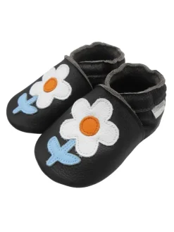 Schwarze Baby-Leder-Laufschuhe, komfortabel mit rutschfester Sohle - Blumenmotiv><noscript><img width=