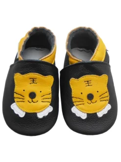 Schwarze Baby-Leder-Laufschuhe, komfortabel mit rutschfester Sohle - Tigermotiv>Bemesu