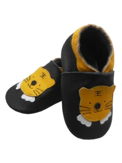 Schwarze Baby-Leder-Laufschuhe, komfortabel mit rutschfester Sohle - Tigermotiv><noscript><img width=