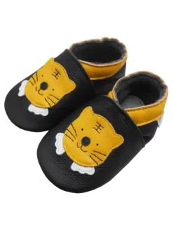 Schwarze Baby-Leder-Laufschuhe, komfortabel mit rutschfester Sohle - Tigermotiv><noscript><img width=