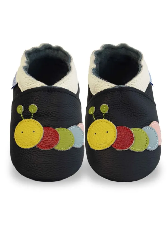 Schwarze Baby-Leder-Laufschuhe, komfortabel mit rutschfester Sohle - Raupenmotiv>Yihakids Hot