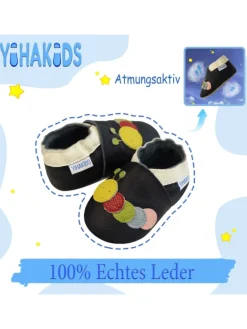 Schwarze Baby-Leder-Laufschuhe, komfortabel mit rutschfester Sohle - Raupenmotiv>Yihakids Hot