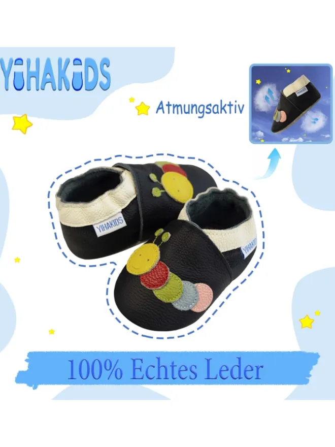 Schwarze Baby-Leder-Laufschuhe, komfortabel mit rutschfester Sohle - Raupenmotiv>Yihakids Hot