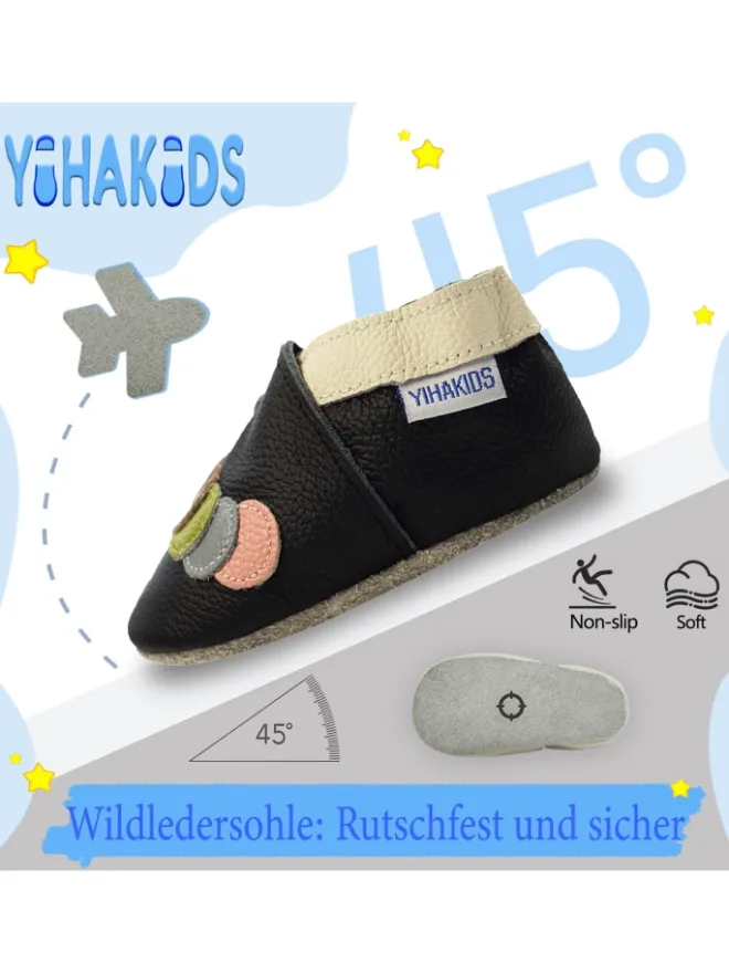 Schwarze Baby-Leder-Laufschuhe, komfortabel mit rutschfester Sohle - Raupenmotiv>Yihakids Hot