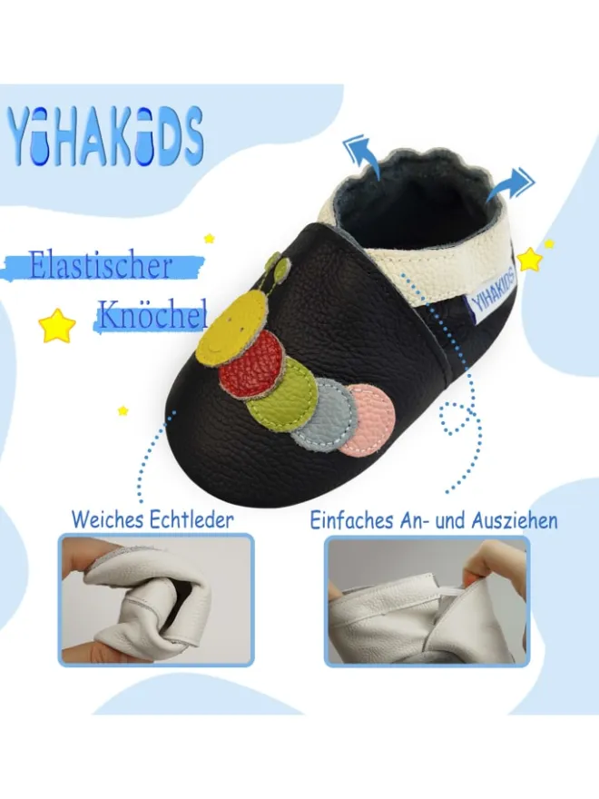 Schwarze Baby-Leder-Laufschuhe, komfortabel mit rutschfester Sohle - Raupenmotiv>Yihakids Hot