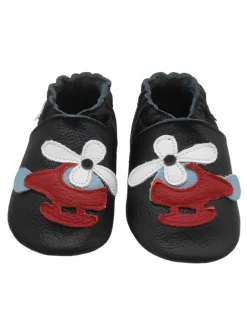Bemesu Krabbelschuhe^Schwarze Baby-Leder-Laufschuhe, komfortabel mit rutschfester Sohle-Flugzeugmotiv