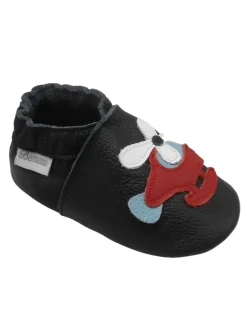 Bemesu Krabbelschuhe^Schwarze Baby-Leder-Laufschuhe, komfortabel mit rutschfester Sohle-Flugzeugmotiv