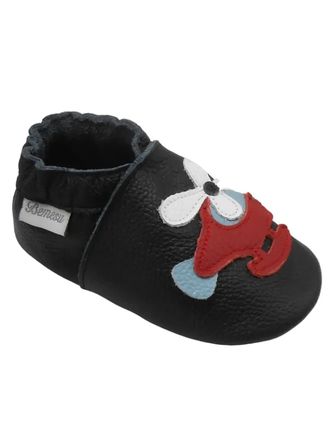 Bemesu Krabbelschuhe^Schwarze Baby-Leder-Laufschuhe, komfortabel mit rutschfester Sohle-Flugzeugmotiv