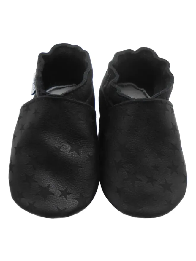 Schwarze Baby-Leder-Laufschuhe, komfortabel mit rutschfester Sohle-Sternenmuster>Mejale Online