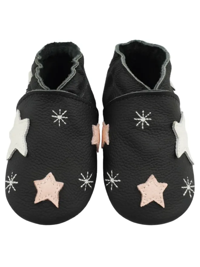 Schwarze Baby-Lederschuhe, rutschfeste Sohle mit Schneeflocken- und Sternmuster>Bemesu Clearance