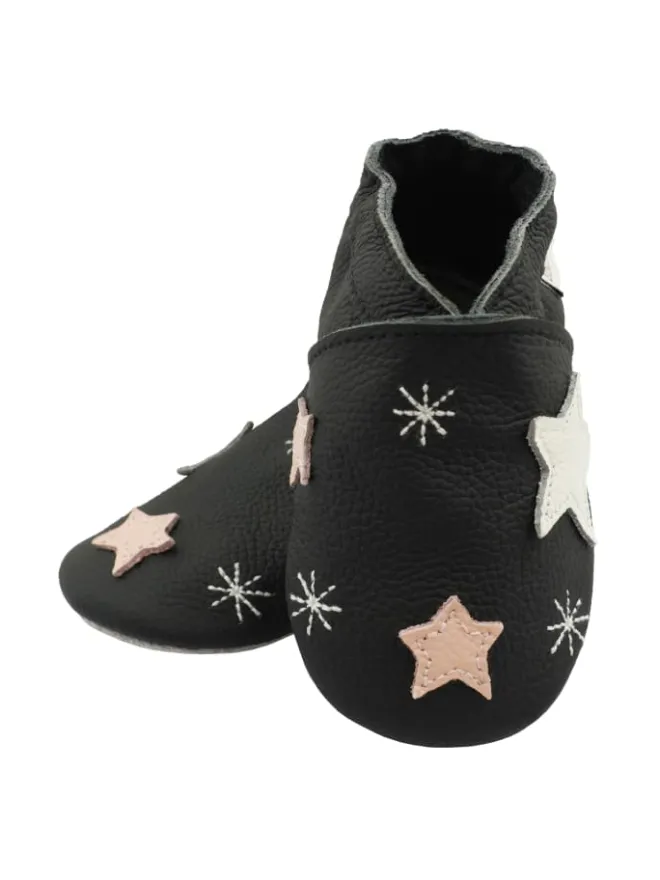 Schwarze Baby-Lederschuhe, rutschfeste Sohle mit Schneeflocken- und Sternmuster>Bemesu Clearance