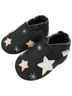 Schwarze Baby-Lederschuhe, rutschfeste Sohle mit Schneeflocken- und Sternmuster><noscript><img width=