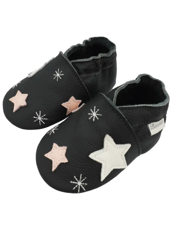 Schwarze Baby-Lederschuhe, rutschfeste Sohle mit Schneeflocken- und Sternmuster>Bemesu Clearance