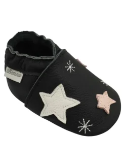 Schwarze Baby-Lederschuhe, rutschfeste Sohle mit Schneeflocken- und Sternmuster><noscript><img width=
