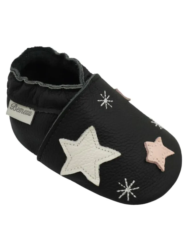 Schwarze Baby-Lederschuhe, rutschfeste Sohle mit Schneeflocken- und Sternmuster>Bemesu Clearance