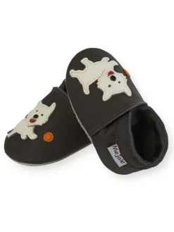 Schwarze Babyschuhe aus Leder für Kleinkinder, rutschfeste Sohlen - Welpenmuster><noscript><img width=