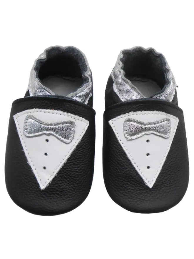 Schwarze Leder Krabbelschuhe für Babys mit rutschfester Sohle – Schleifen-Muster>Bemesu Online