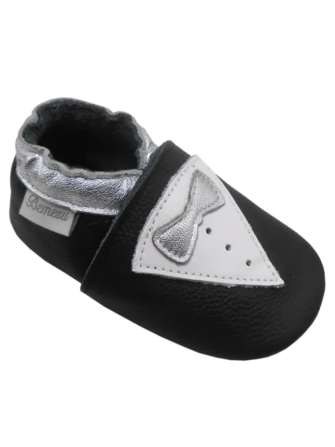 Schwarze Leder Krabbelschuhe für Babys mit rutschfester Sohle – Schleifen-Muster>Bemesu Online