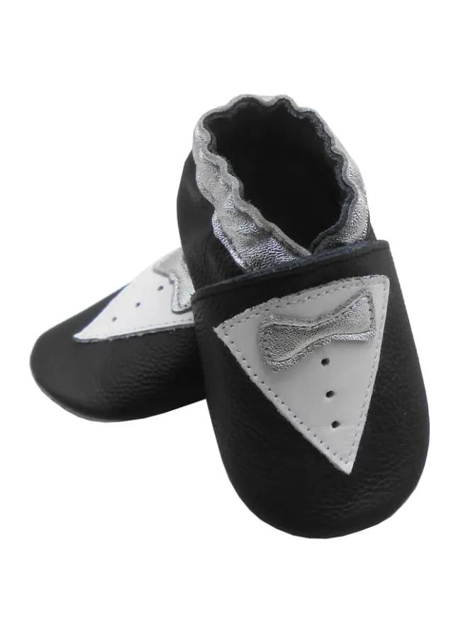 Schwarze Leder Krabbelschuhe für Babys mit rutschfester Sohle – Schleifen-Muster>Bemesu Online