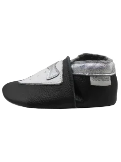 Schwarze Leder Krabbelschuhe für Babys mit rutschfester Sohle – Schleifen-Muster><noscript><img width=