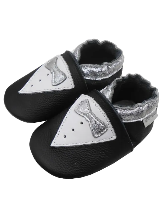 Schwarze Leder Krabbelschuhe für Babys mit rutschfester Sohle – Schleifen-Muster>Bemesu Online