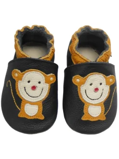 Schwarze Leder Krabbelschuhe für Babys mit rutschfester Sohle – Affen-Muster>Bemesu Best