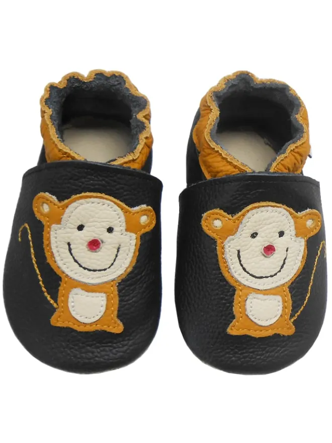Schwarze Leder Krabbelschuhe für Babys mit rutschfester Sohle – Affen-Muster>Bemesu Best