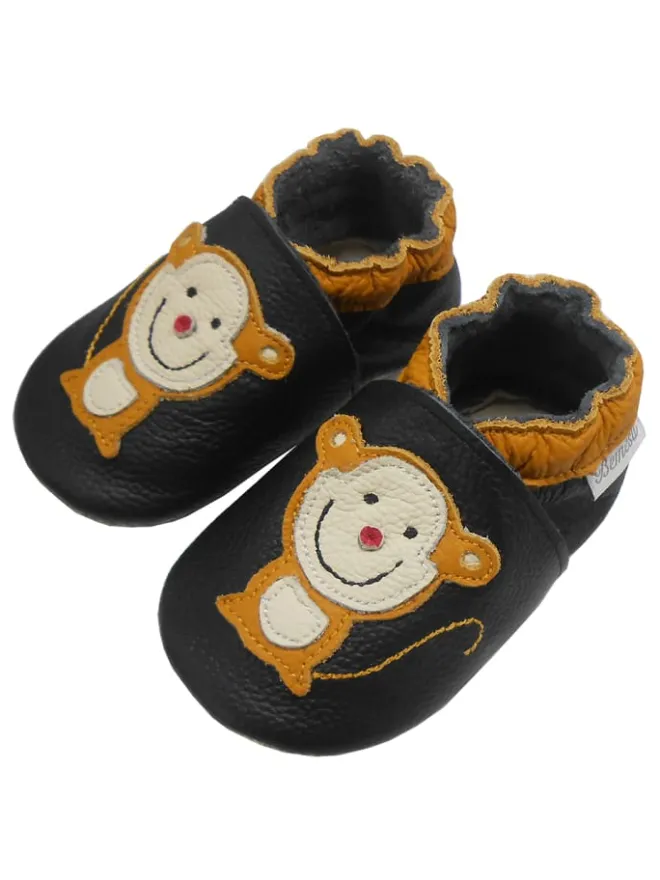 Schwarze Leder Krabbelschuhe für Babys mit rutschfester Sohle – Affen-Muster>Bemesu Best