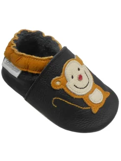 Schwarze Leder Krabbelschuhe für Babys mit rutschfester Sohle – Affen-Muster><noscript><img width=