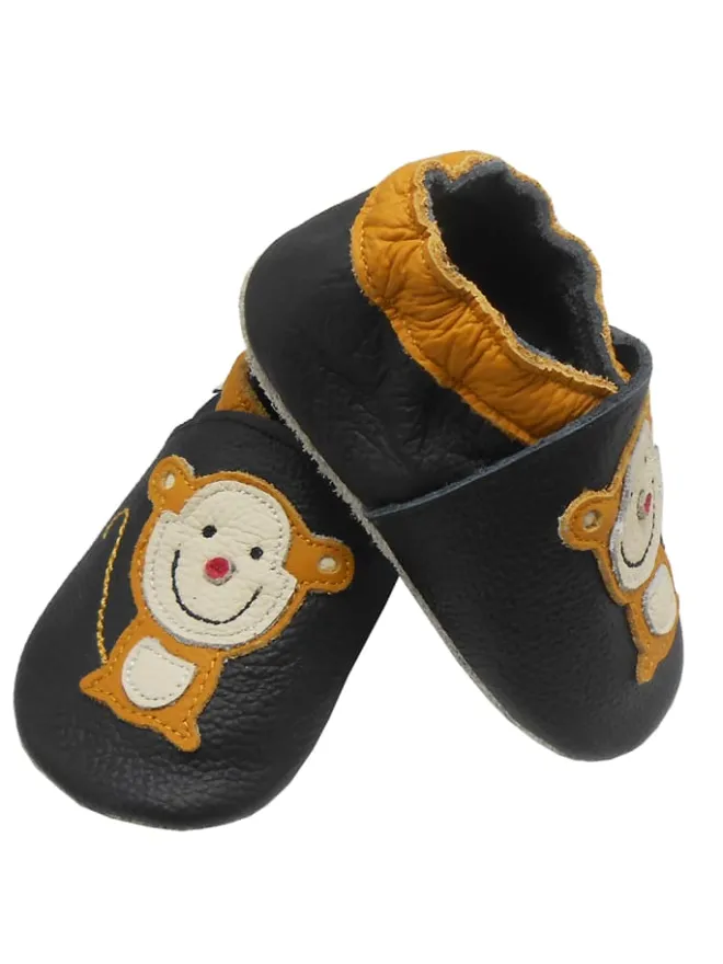 Schwarze Leder Krabbelschuhe für Babys mit rutschfester Sohle – Affen-Muster>Bemesu Best