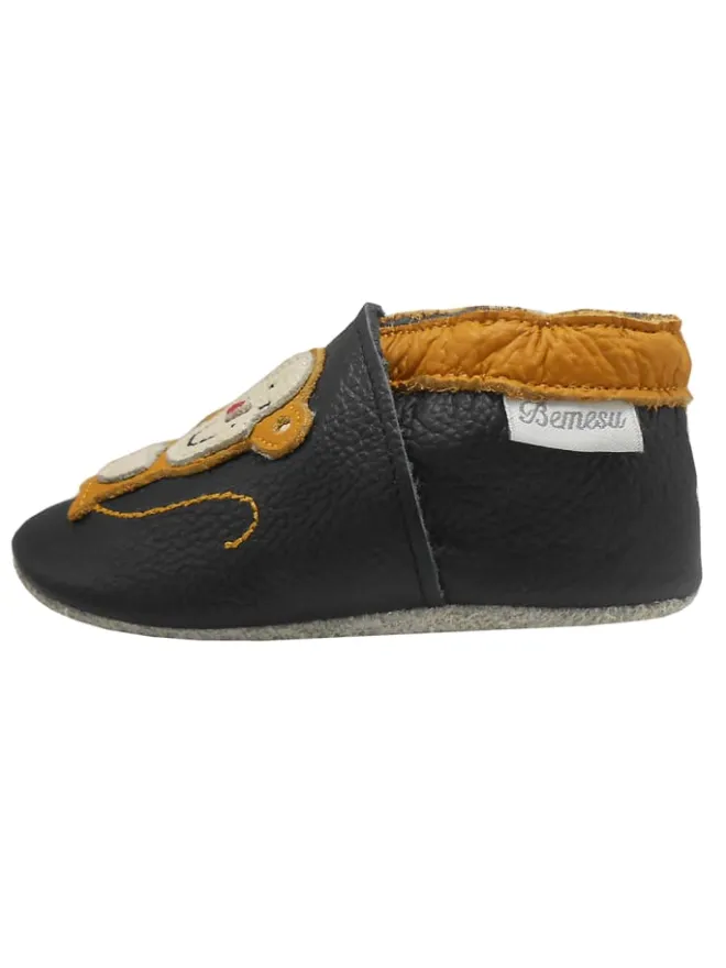 Schwarze Leder Krabbelschuhe für Babys mit rutschfester Sohle – Affen-Muster>Bemesu Best