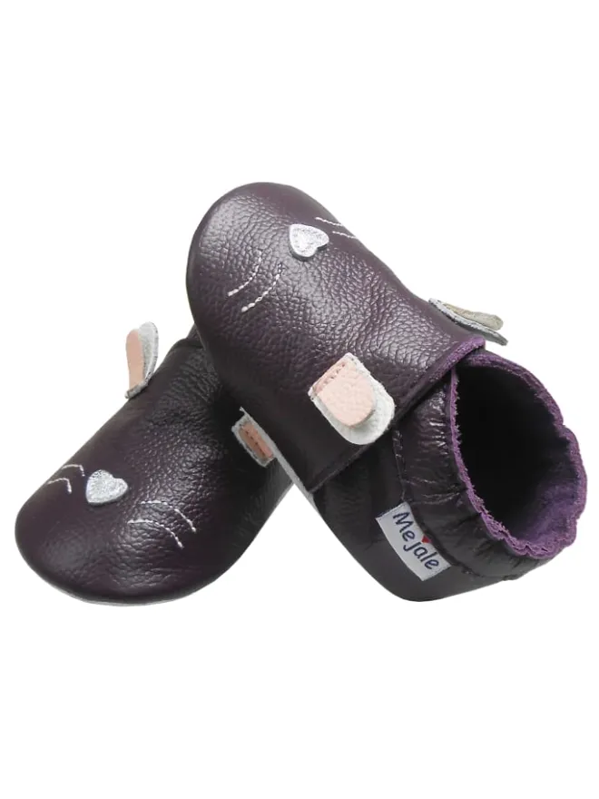 Mejale Krabbelschuhe^Tiefviolette Baby-Leder-Laufanfänger mit rutschfester Sohle – Kaninchen-Design