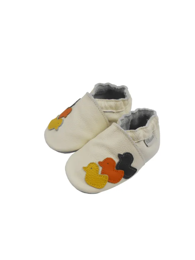 Bemesu Krabbelschuhe^Weiße Baby-Leder-Laufschuhe, komfortabel mit rutschfester Sohle - Entenmuster