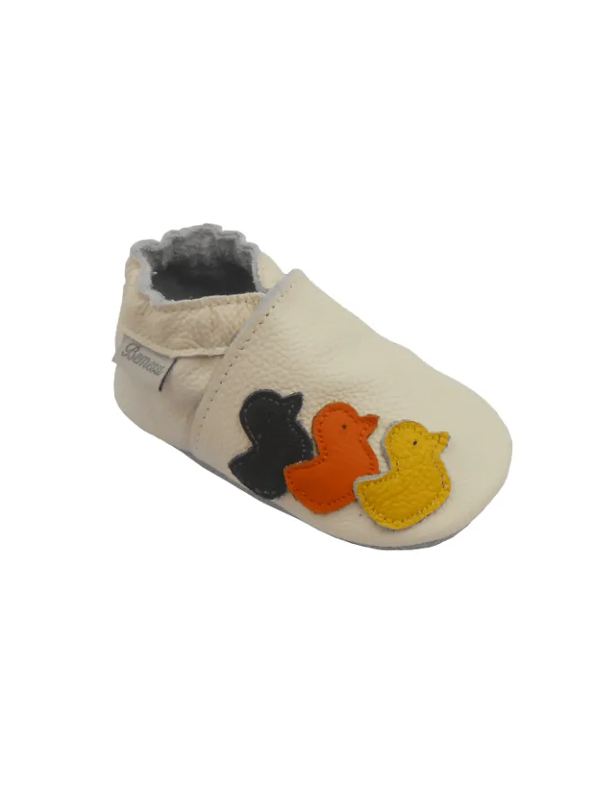 Bemesu Krabbelschuhe^Weiße Baby-Leder-Laufschuhe, komfortabel mit rutschfester Sohle - Entenmuster