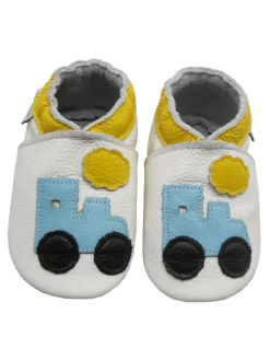 Bemesu Krabbelschuhe^Weiße Leder Krabbelschuhe für Babys mit rutschfester Sohle – Lkw-Muster
