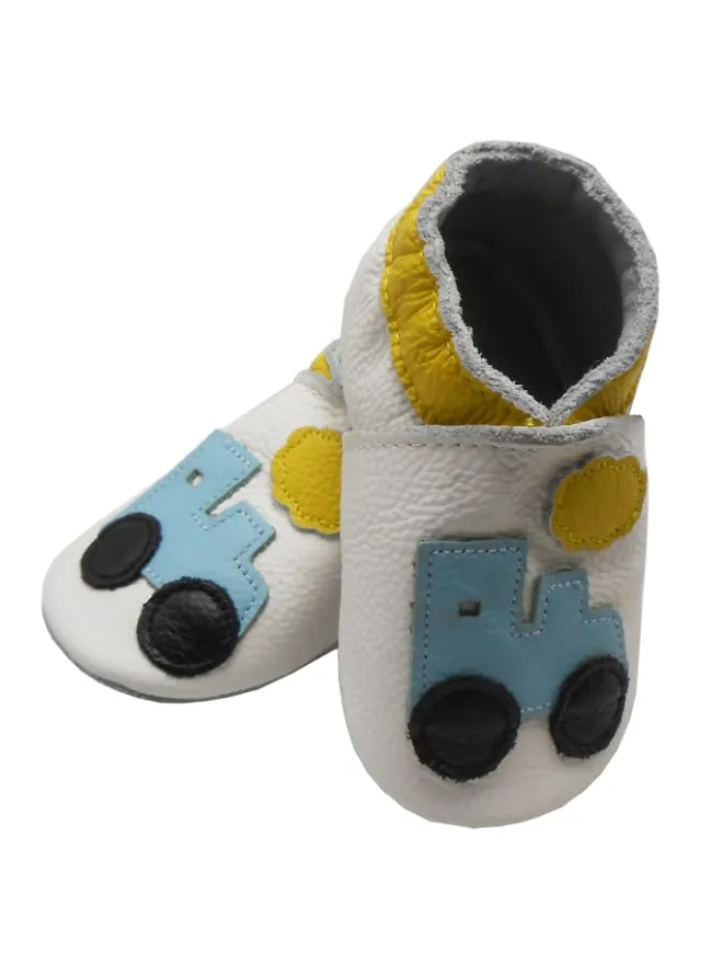 Bemesu Krabbelschuhe^Weiße Leder Krabbelschuhe für Babys mit rutschfester Sohle – Lkw-Muster