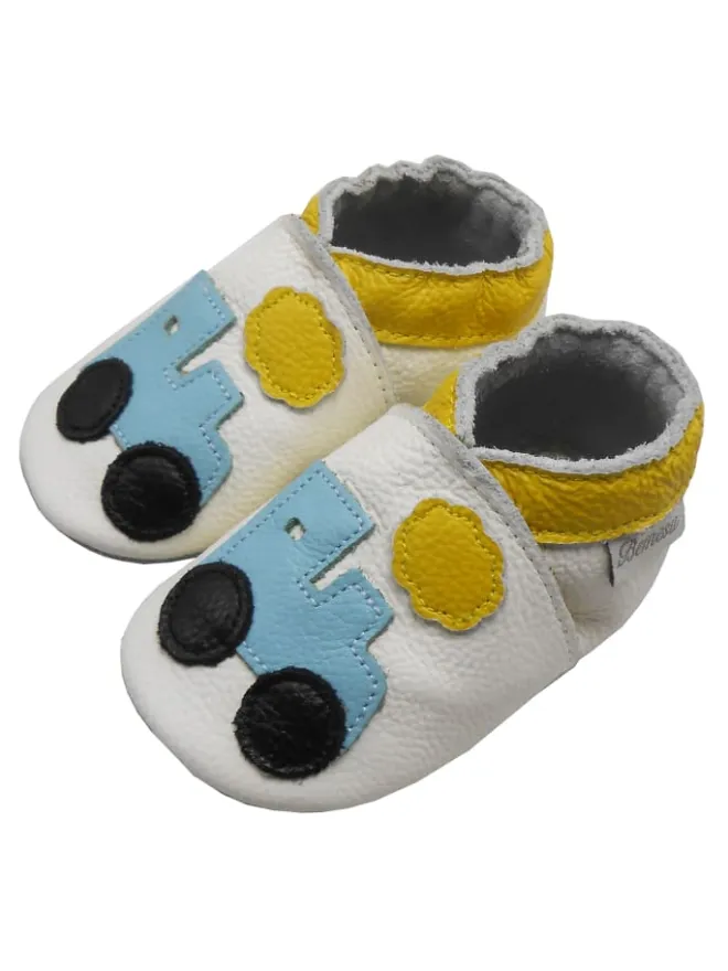 Bemesu Krabbelschuhe^Weiße Leder Krabbelschuhe für Babys mit rutschfester Sohle – Lkw-Muster